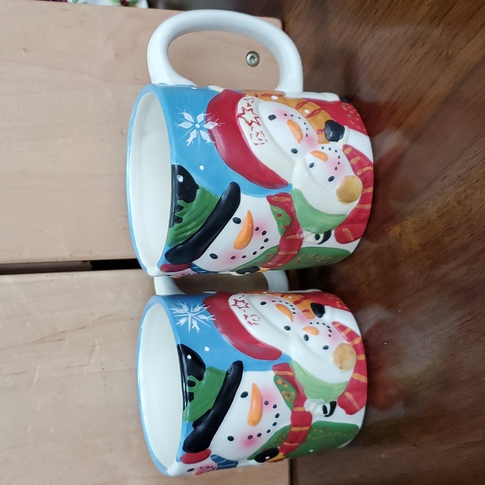 VINTAGE Kitchen Snowman winter holiday Christmas set-2 mugs hot drinks/s…